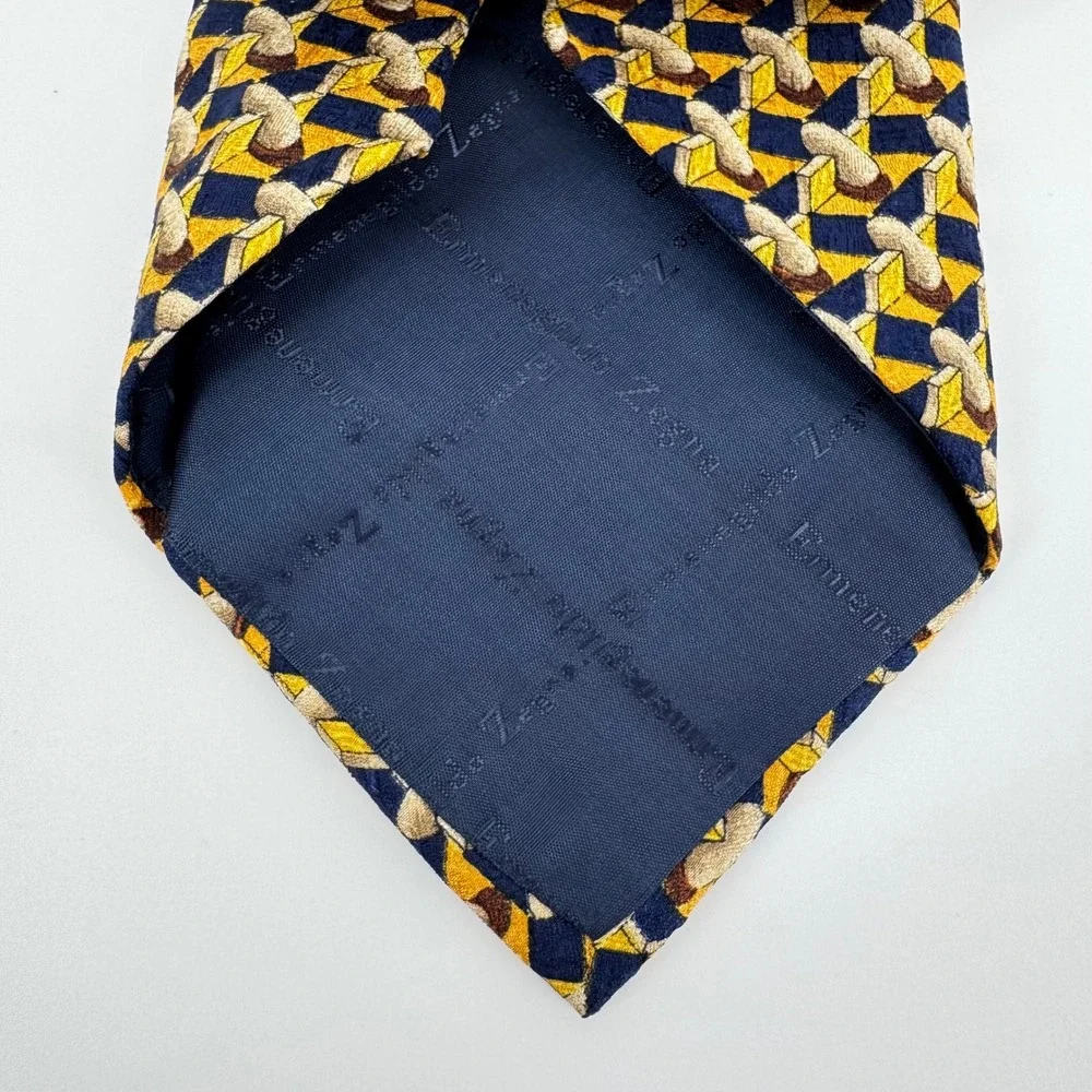 Ermenegildo Zegna Silk Tie – Gold & Blue Geometric Pattern, Made‎ in Italy